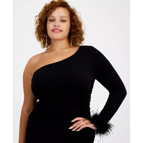 City Studios Women's Plus Size One-Shoulder Feather-Cuff Gown Dress Black 18W - Picture 2 of 12